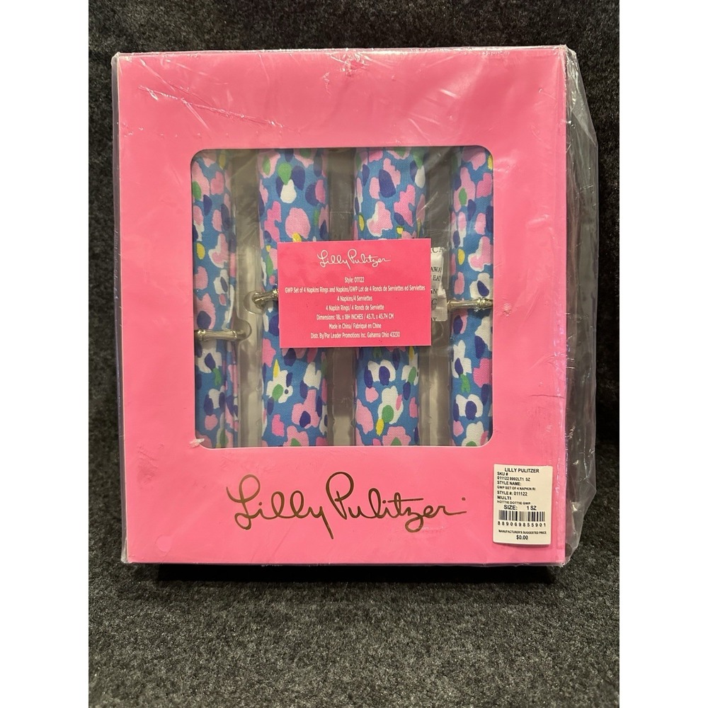 Lilly Pulitzer Hottie Dottie Cloth Napkin Set Gold Napkin Rings Set NEW - Party